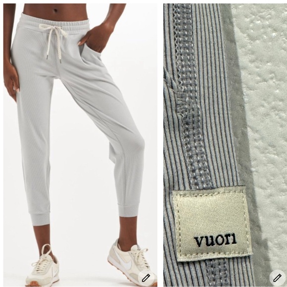 Vuori Pants - Vuori Lux Rib Performance Jogger Pants Size S Pale Grey Heather Pockets Ankle
